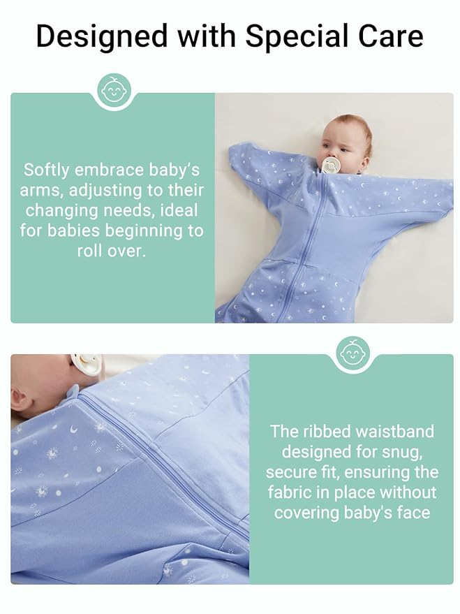 GROWNSY Transitional Swaddle Sleep Sack 6-12 Months, Starfish Design Baby Swaddle Sack, Dual-Zipper for Easy Diaper Changes, Proper Hip Development & Openable Foot Button, 19-27 lbs, Blue