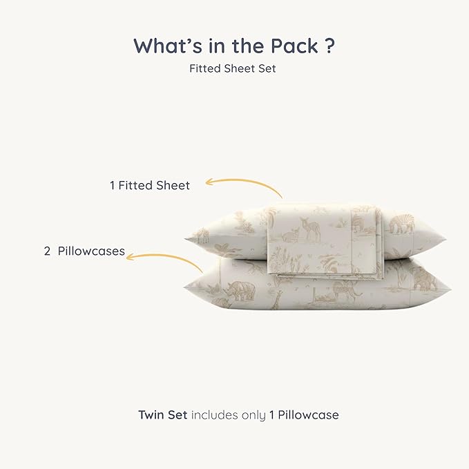 MakeMake Organics Organic Full Fitted Sheet Set GOTS Certified Organic Cotton Fitted Sheet with Pillowcase Ultra Soft Non Toxic Breathable Hypoallergenic Animals Theme Room (Full, Safari)