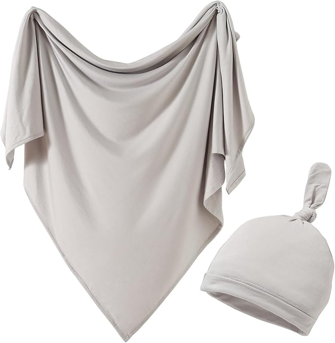 iEvolve Cotton Knitted Baby Swaddle Blanket with Hat Headband Set Newborn Swaddle Wrap Receiving Blankets for Baby Girl Boy 35" x 35"(Grey)