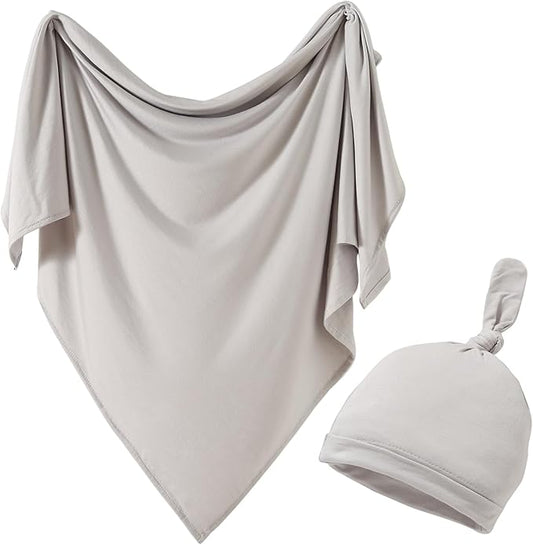 iEvolve Cotton Knitted Baby Swaddle Blanket with Hat Headband Set Newborn Swaddle Wrap Receiving Blankets for Baby Girl Boy 35" x 35"(Grey)