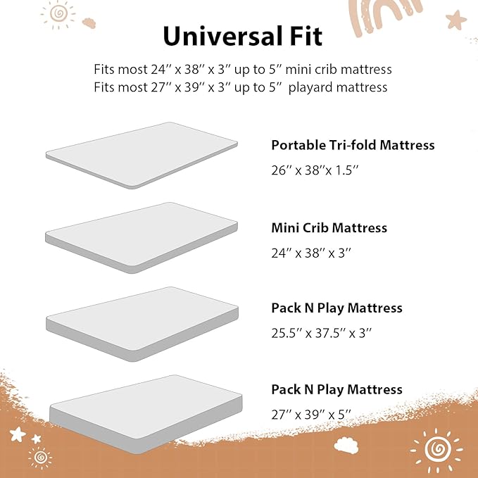 Baby Mini Crib Sheets Boy, Portable 38”x26” Pack and Play Sheets Fitted for Playard and Pack N Play Mattress, 3-Pack Soft Microfiber Orange Sun Rainbow
