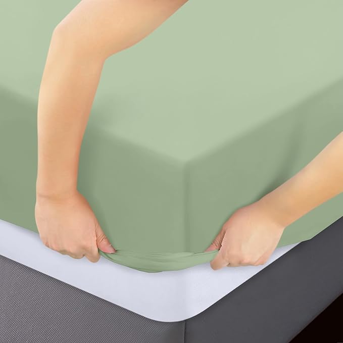 600 Thread Count Cotton Fitted Sheet for Full-XL Size|100% Egyptian Cotton Fitted Sheet|1 Piece Fitted Sheet Comfy, Ultra Soft, Breathable|16 Inch Deep Pocket Fitted Sheet in Sage Solid
