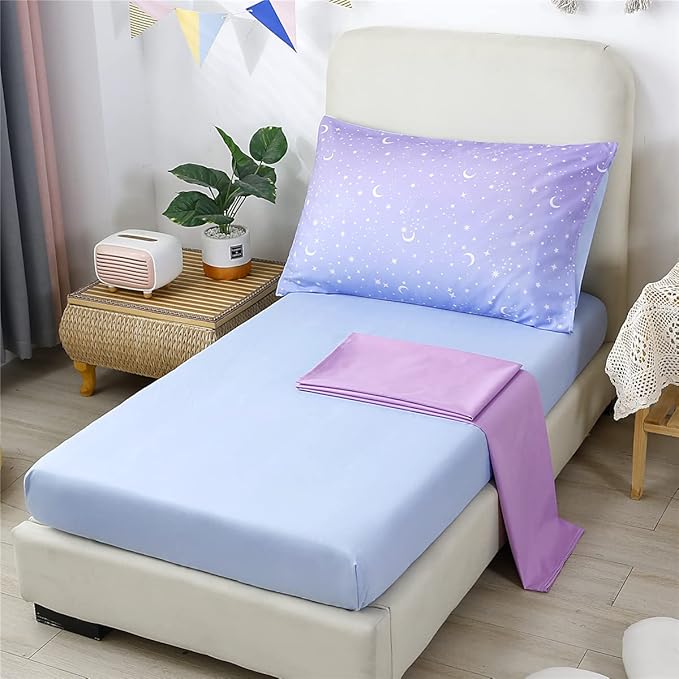 URBONUR 4 Piece Toddler Bedding Set for Girls Glitter Purple Orange Toddler Bedding Set Gradient Stars Print Girls Bedding Toddler Comforter Set
