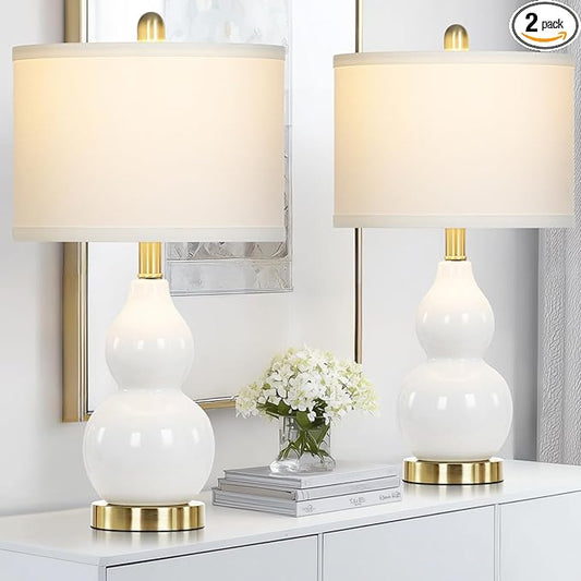 luxeflow 22" Modern Double Gourd Ceramic Table Lamps Set of 2, White Bedside Lamps for Living Room, Contemporary Nightstand Desk Lamps for Bedroom End Table Home Office Decor(2 LED Bulbs Included)