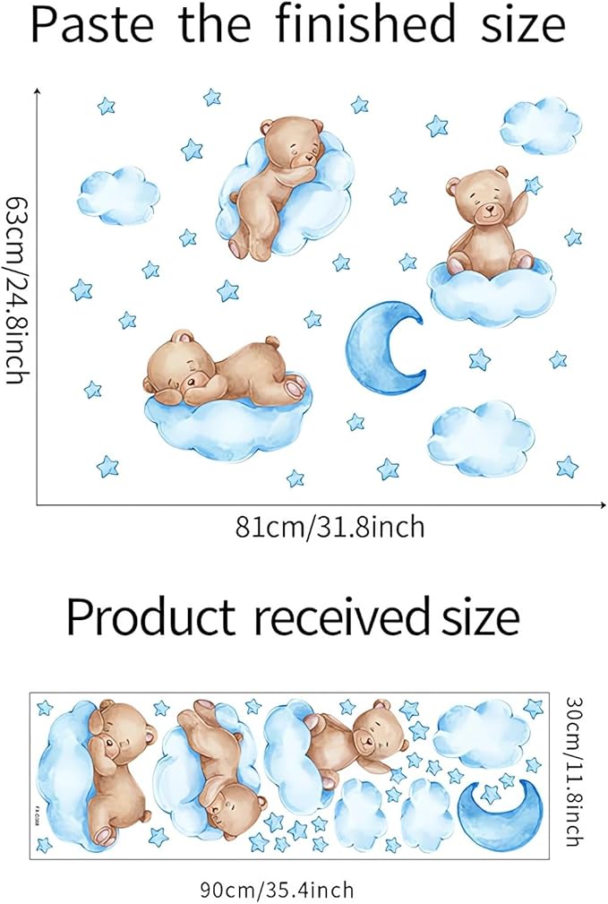 Cute Blue Sleeping Baby Bear Wall Stickers, sacinora Moon and Stars DIY Art Wall Decals Removable Vinyl Peel and Stick for Boys Kids Baby Nursery Bedroom Toddler Room Kindergarten Decorations
