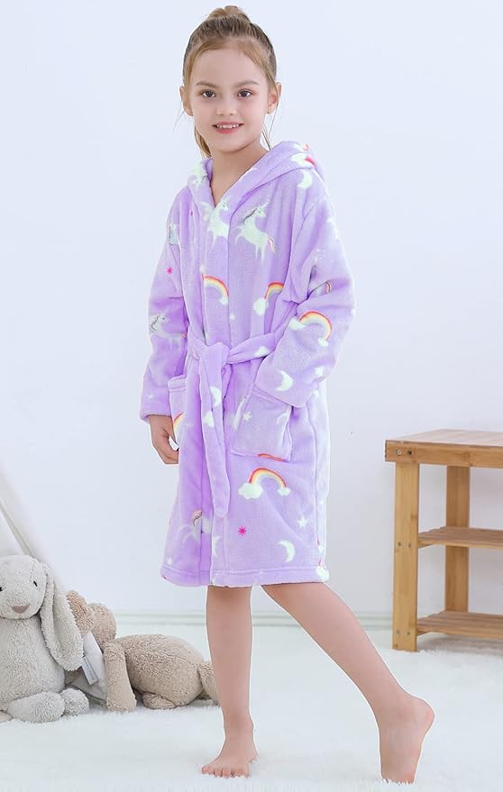 Umeyda Girls Fleece Hooded Robes, Warm Printed Bath Robe for Kids Soft Fuzzy Bathrobe for Gifts