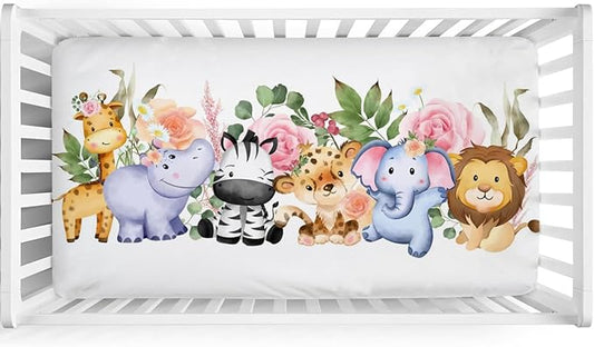 Baby Jungle Safari Animals Tropical Leaves Flowers Baby Crib Sheet 52''x28'' Fitted Crib Mattress Cover for Boy Girl Nursery Toddler Bed Sheet Fits Standard Crib and Toddler Mattresses Floral