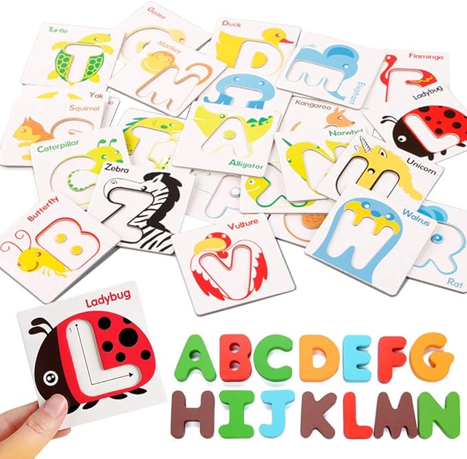 26 Pcs Wooden Letters Card Numbers Alphabets ABC Flash Cards Set Animal Color Cognition Matching Puzzle Game