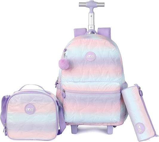 kingdisen Rolling Backpack 17 inch with Lunch Bag Wheeled Laptop Backpack with wheels(QUILTED PURPLE)
