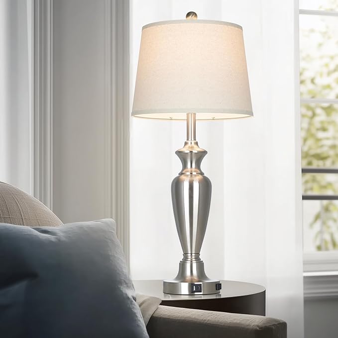 luxeflow 30" Tall Silver Table Lamps Set of 2 for Living Room, Touch Control Bedside Lamps for Nightstand, 3-Way Dimmable Bedroom Table Lamp with USB A+C Ports and AC Outlet (2 LED Bulbs Included)