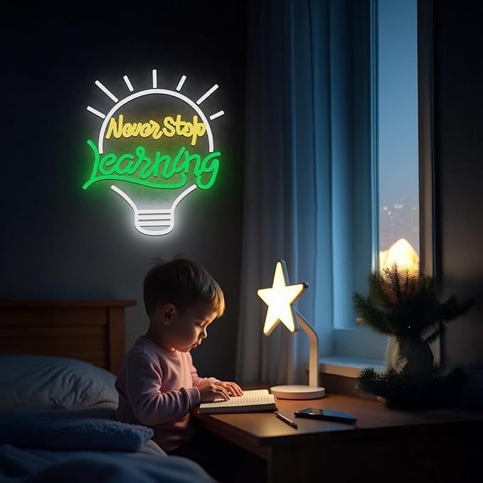LYUODRE Never Stop Learning Neon Sign Letter neon signs for Wall Decor 5V USB Powered & Dimmable Student LED Neon Lights for Classroom, Study, Office Decoration(15x13in)(Yellow, Green, Cool White)