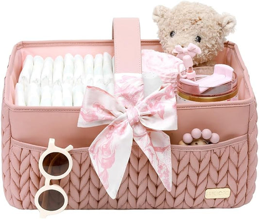 LUKJOJO Luxurious Baby Diaper Caddy, Nursery Storage Basket for Newborn Boy and Girl, Travel Baby Basket for Diapers Baby Wipes, Organizer Tote Bag Storage Bin, Baby Shower Gifts(dusty rose)