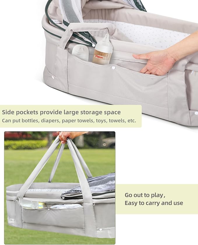 Baby Travel Bassinet Portable Bassinet with 2 in 1 Canopy for Newborn - Light Grey