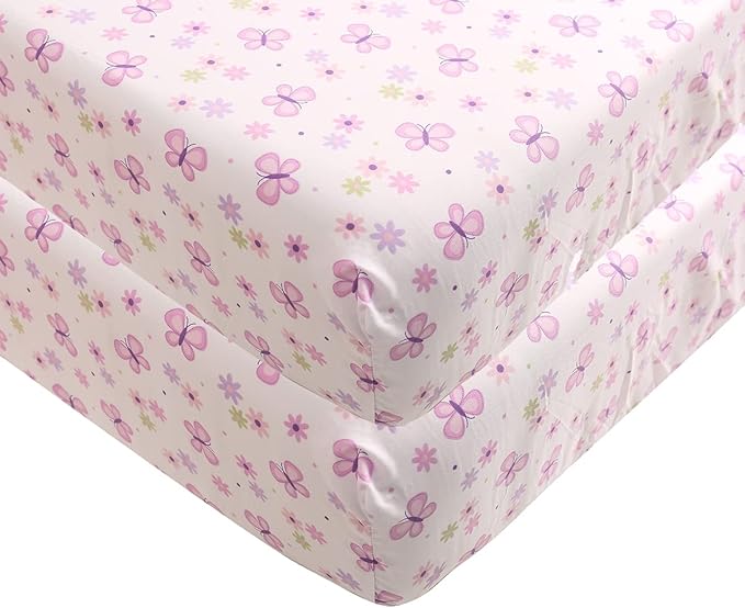 Butterfly Nursery Crib Beding Set for Girls Pink Purple -6 PCs Embroidery Flower Butterfly Baby Girl Bedding Set - Quilt/Fitted Sheet x 2/ Skirt/Diaper Stacker/Blanket 28'' x 52 ''
