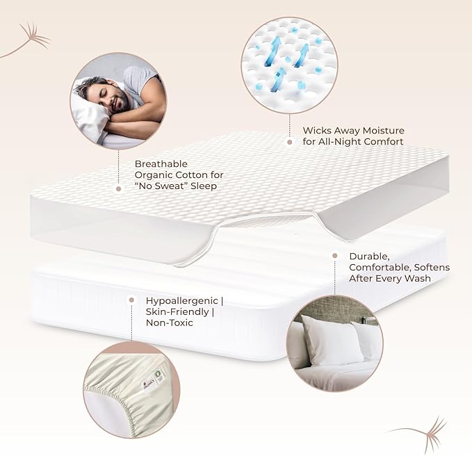 100% Cotton Organic Mattress Pad - Breathable & Cooling Mattress Protector Twin XL Size - Premium 300GSM Quilted and Noiseless Machine Washable Organic Cotton Mattress Protector (Ivory, Twin XL)