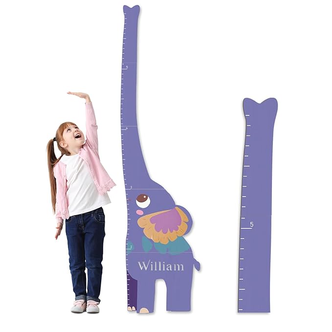 Woodemon Personalized Name Growth Chart for Kids, Elephant Patchwork Wooden Height Chart for Wall Decor, Baby Boy Girl Measurement Ruler for Room 63" x 15.7"