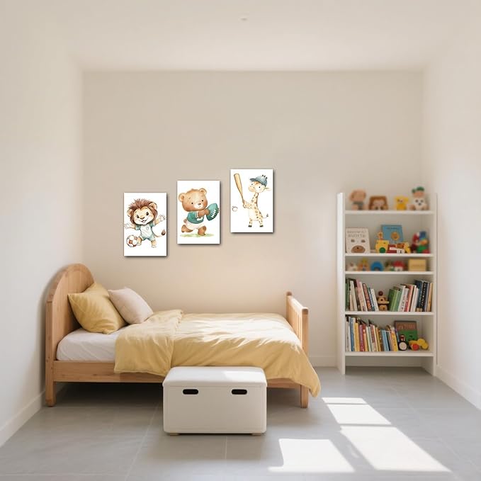 LZIMU Nursery Animal Canvas Wall Art 3 Pieces Cute Animal Baby Picture Prints Woodland Nursery Painting for Kids Boy Girls Room Decor Framed (Brown, 20x28inchx3 Pieces)