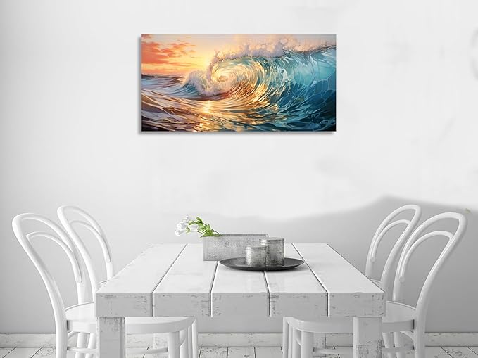 KUNHAAH Wall Art Canvas Painting Big Waves in The Sea 1 Piece Ocean Sunset Huge Waves Nature Picture Poster Print Framed Ready to Hang for Living Room Bedroom Artework 71x36inch