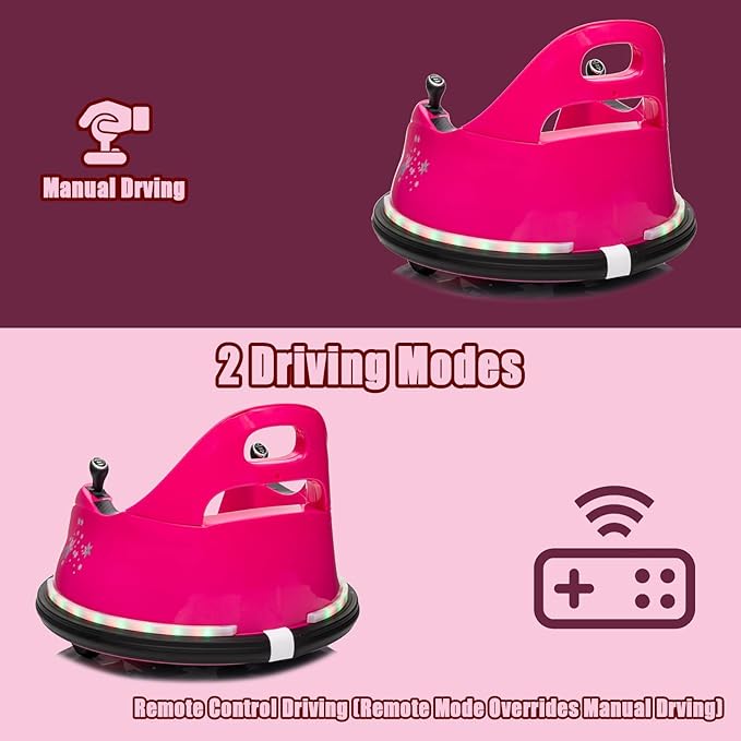 FINITO 12V Ride On Electric Bumper Car for Toddlers with Remote Control, 360 Degree Spin, LED Lights, Music, Safety Belt for Age 3+ Years Kids, Gift for Boys and Girls, Rose Pink