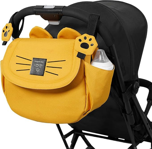SUNVENO Kitty Stroller Organizer Bag – Universal Baby Stroller Caddy with 2 Cup Holders, Adjustable Straps, Waterproof Oxford, Lightweight Travel Accessory for Strollers, Prams & Pushchairs,Yellow