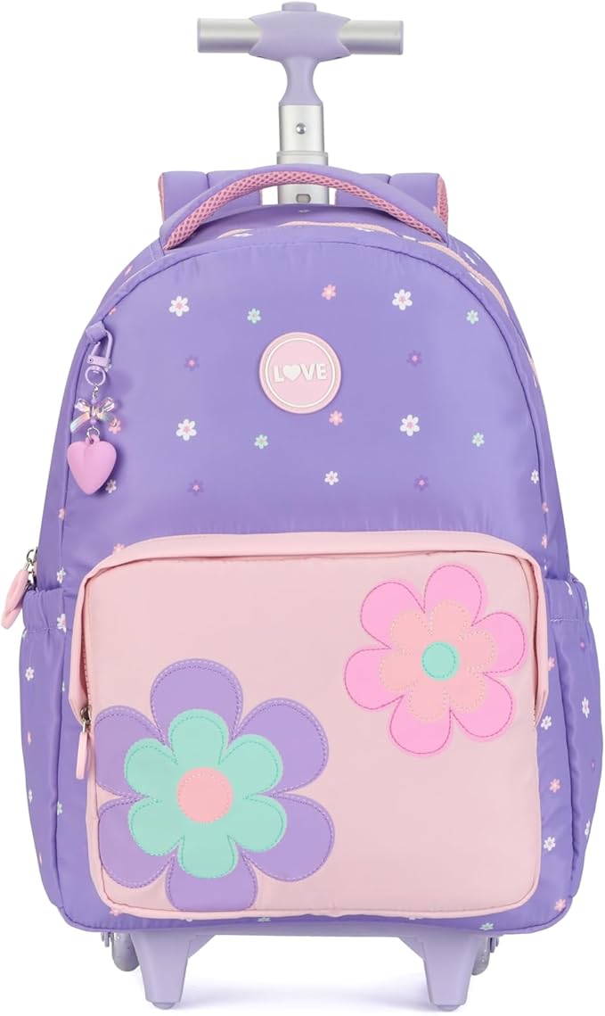 kingdisen Rolling Backpack for Girls Backpack with Wheels Kids Cute Carry on Backpack with Lunch Box Pencil Case for Elementary Student Teen Girls Luggage (TWO FLOWERS PURPLE)