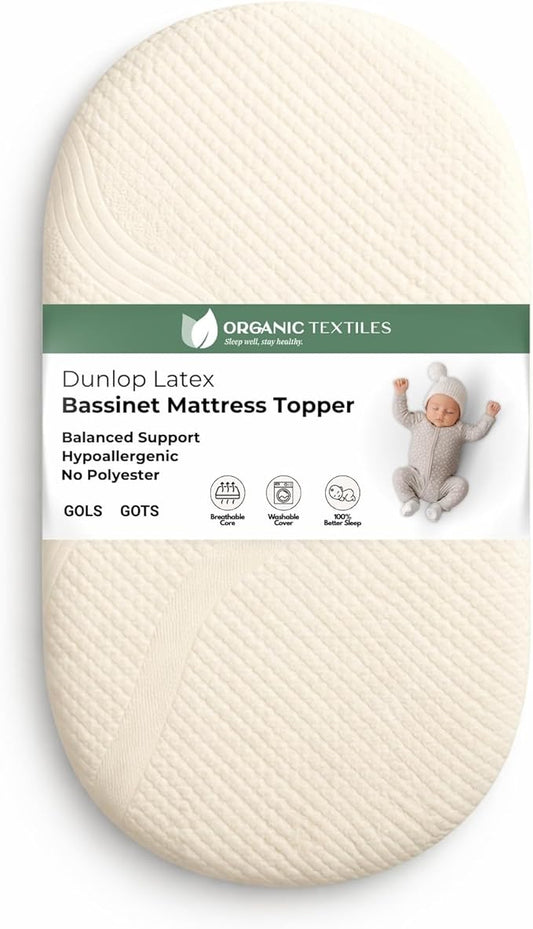 ORGANIC TEXTILES Organic Baby Mattress Topper with Water Resistant Removable Cotton Cover - GOLS/GOTS Certified - Breathable - 3" Bassinet (30"x15")