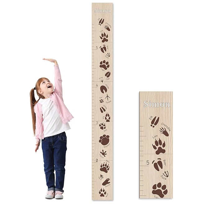 Woodemon Personalized Growth Chart for Wall, Animal Footprints Height Chart for Kids, Customize Growth Measuring Board for Girls Boys Teen Room Nursery Wall Decor