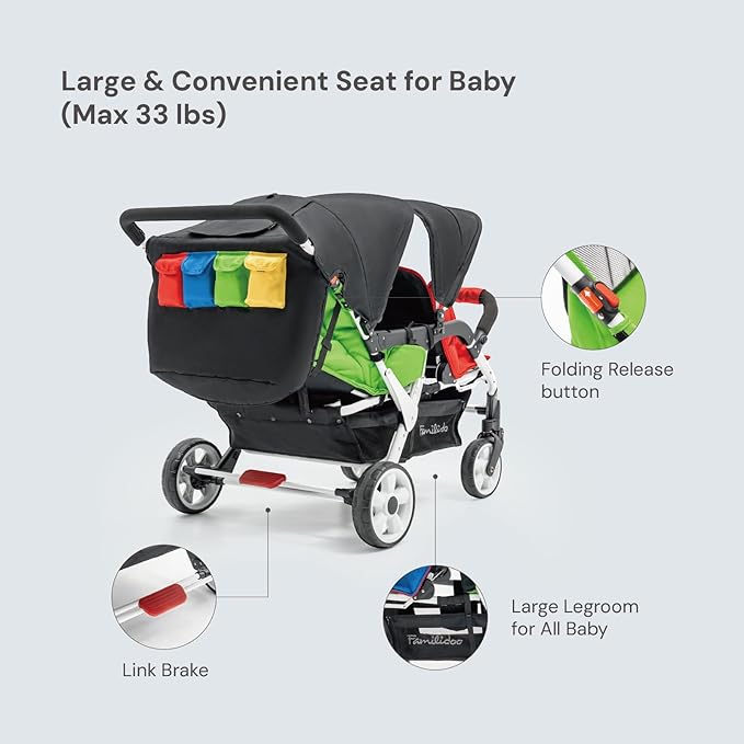 Familidoo H4E Quad Stroller Wagon for Kids, 4-Seater Daycare Baby Stroller with 5-Point Safety Harness, Lightweight & Foldable with All Reclining Seats, Double Canopy & Rain Cover – All-Terrain Wheels