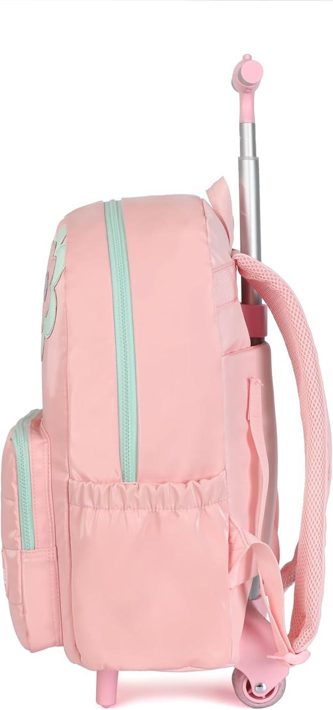 kingdisen Girls Kids Rolling Backpacks, Carry on Backpack with wheels (FLOWER PINKISH ORANGE)