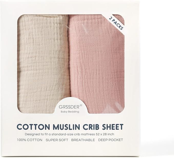 GRSSDER Soft Muslin Crib Sheet 2 Pack, 100% Cotton Crib Sheets for Boys and Girls, Fit Standard Crib Mattresses 52" x 28" Safe and Snug, Blush Pink/Beige