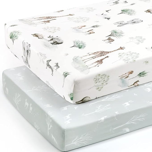 GRSSDER Stretch Ultra Soft Jersey Knit Fitted Crib Sheets Set 2 Pack，Fit All Standard Crib Mattress Pads Safe and Snug, Crib Fitted Sheet for Boys and Girls, Pretty African Savannah Animals Pattern