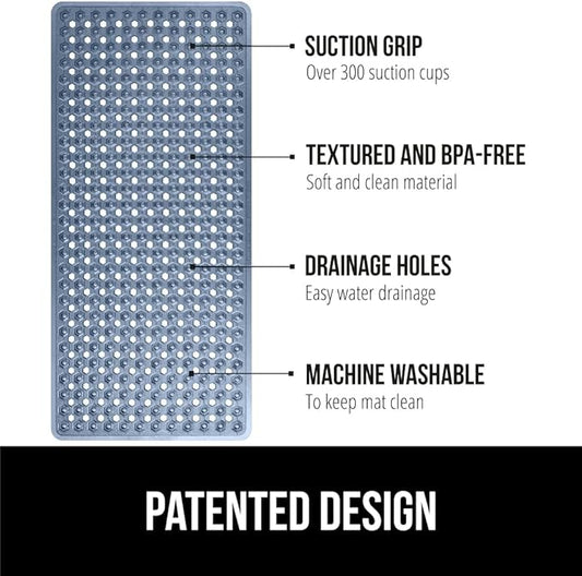 GORILLA GRIP Patented Bath Tub Shower Mat, Machine Washable Bathtub Floor Liner Mats, Suction Cups and Drain Holes to Keep Tubs Clean, Soft on Feet, Bathroom Essentials, 35x16 Inch, Clear Navy