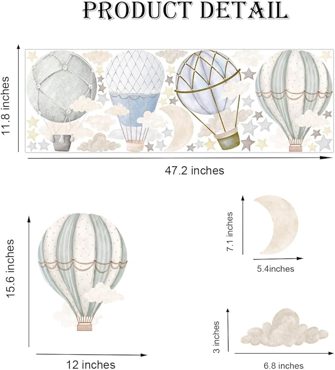 YIMEHDAN Watercolor Hot Air Balloon Wall Decals, Stars Clouds Balloon Vinyl Wall Stickers, Peel and Stick Colorful Artwork for Nursery Bedroom Toddler Room Playroom Decor