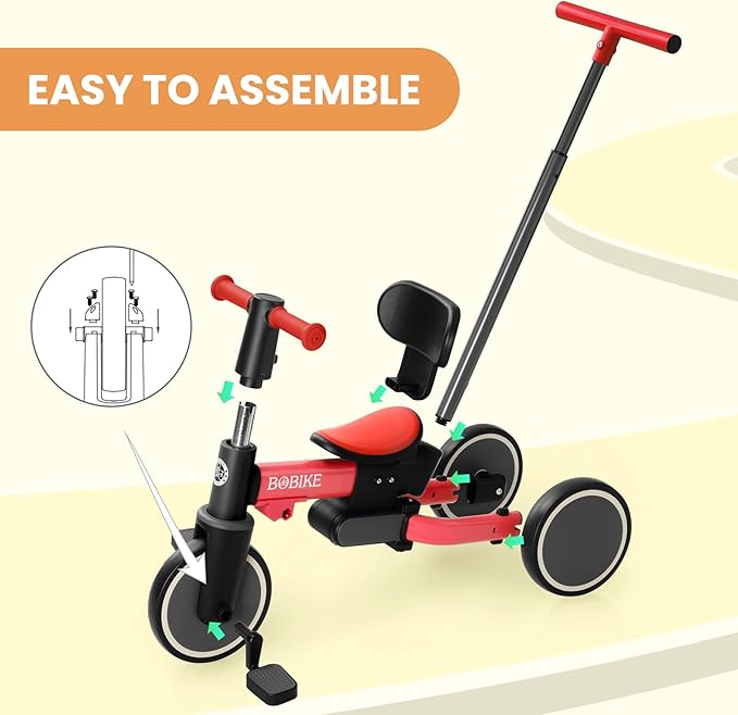 BoBike 5-in-1 Tricycle for Toddlers 18 Months to 5 Years, Kids Bike with Upgraded Pedals, Parent Push Handle, Balance Bike & Easy Assembly for Boys Girls (Red)