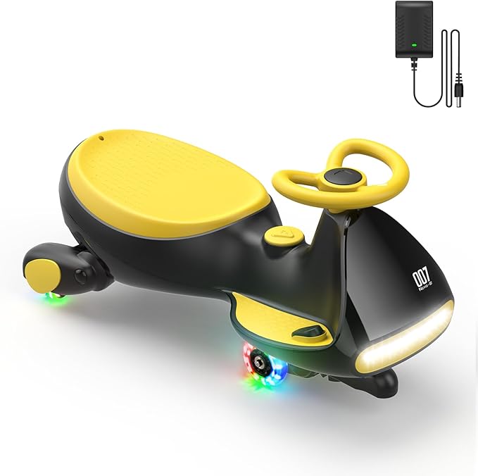 FanttikRide N7 Pro Electric Wiggle Car with Pedal, Rechargeable Battery, CyberWiggle, 2 in 1 Swing Car, 2 Speeds Max 4 Mph, Anti-Rollover, Flashing Wheels, Bluetooth, for Ages 3 and Up, 150 Lbs,Yellow