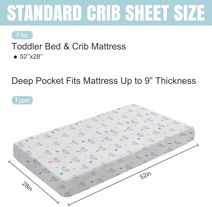Rainbow Baby Crib Sheet 52''x28'' Cute Rainbow Love Colorful Stretchy Fitted Crib Mattress Sheet for Boy Girl Crib Mattress Sheet Toddler Bed Sheets for Standard Crib and Toddler Mattresses