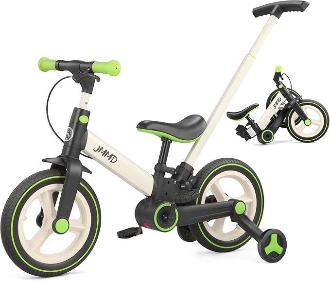 JMMD 6 in 1 Toddler Bike with Push Handle for Kids 18-60 Months, 12" Foldable Balance Bike with Training Wheels, Pedals, Brakes, Kickstand, Push Tricycle Toddler Gift & Toys for Boy & Girl