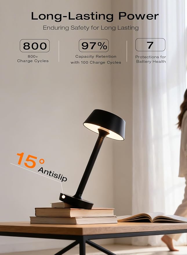 Light Worthy Cordless Rechargeable Table Lamp with Power Charger,Portable LED Desk Lamp,5000mAh Battery Operated,2700K-5700K Tunable,Stepless Dimming for Bedroom Bedside Outdoor Camping Light,Black