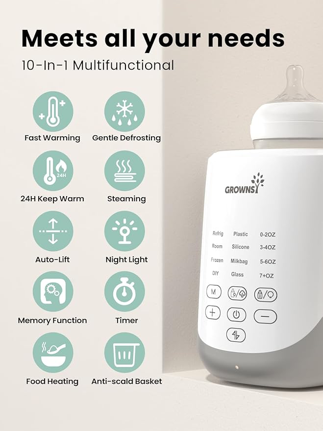 Grownsy Nutri Bottle Warmer with Innovative Auto-Lift Feature, Retain Fullest Nutrients 10-in-1 Baby Bottle Warmer, Fast & Even Heat, Always Right Temperature, Night Light for Nighttime Breastfeeding