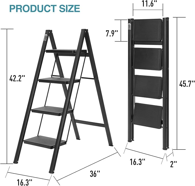 BOCOM 4 Step Ladder, Lightweight Portable Foldable Collapsible Folding Sturdy Iron Metal Step Stool with Anti-Slip Wide Pedal, Heavy Duty 330 lbs Capacity, for Home, Kitchen, Closet, Adults, Black