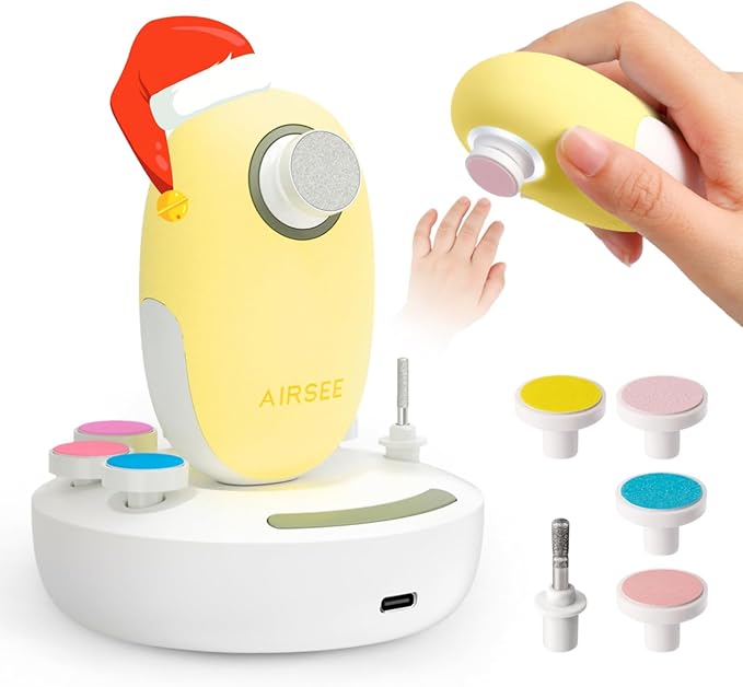 AIRSEE Premium Newborn Gift Electric Baby Nail File, Cordless Safe Nail Trimmer for Infant, 6 Replacement Heads with Magnetic Storage Case, 360° Light, Baby Clipper, Christmas, Soft Yellow