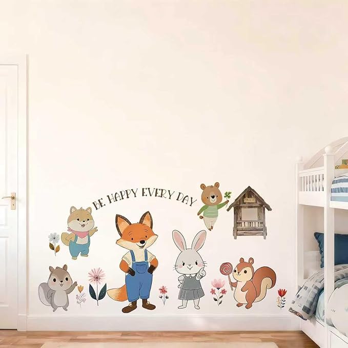 PQQIEE Woodland Animal Wall Decals, Be Happy Every Day Nursery Wall Stickers, Fox Rabbit Bear Squirrel Design, 35.43x19.68 Inch, Kids Room Decor