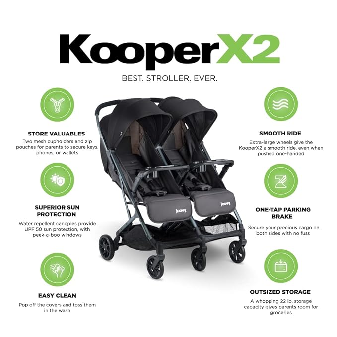 Joovy Kooper X2 Side-by-Side Double Stroller Featuring Dual Snack Trays, One-Handed Fold, Multi-Position Reclining Seats, Adjustable Leg Rests, and 2 Zippered Pockets for Storage, Forged Iron