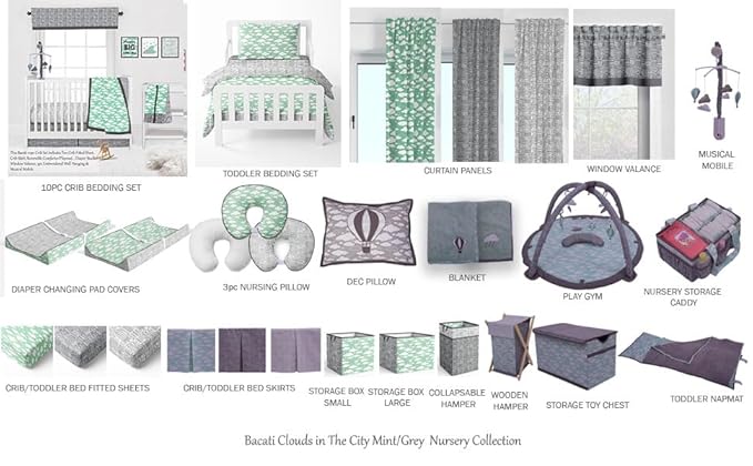 Bacati Clouds in The City 4 Pc Toddler Bedding Set, Mint/Grey