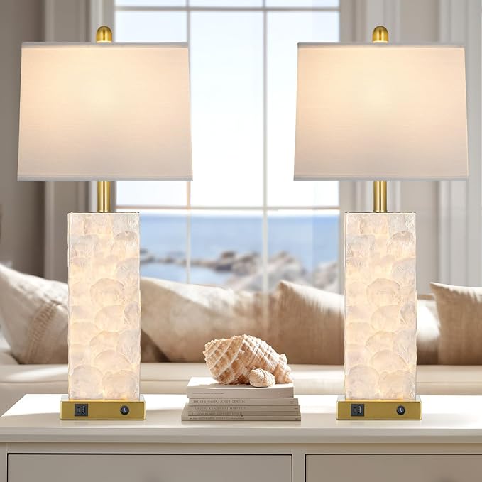 luxeflow 28" Coastal Table Lamps for Living Room Set of 2, Bedside Lamps with Night Light, USB A+C Ports, Modern Sea Shell Bedside Night Stands Light for Beachy Cottage Decor (Gold)