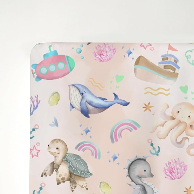 Colorful Ocean Animals Baby Crib Sheets for Boy Girl 52x28Inch Sea Horse Turtle Whale Rainbow Corals Soft Snug Fitted Crib Mattress Cover Marine Life Baby Sheet for Standard Crib & Toddler Mattress