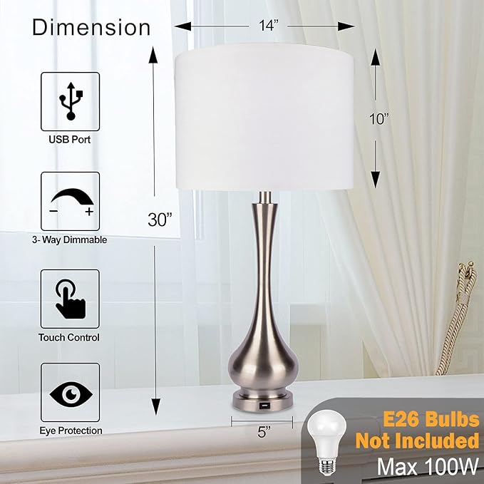 30" Large Modern Table Lamps Set of 2 for Living Room Bedroom with USB Charging Port,3-Way Dimmable Brushed Steel Nightstand Lamp Sets Bedside Touch Desk Lamp with White Fabric Shade (Bulb Included)