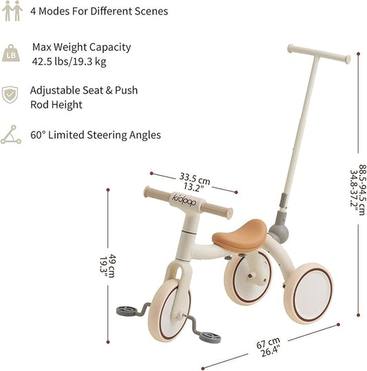 4-in-1 Toddler Tricycle with Adjustable Push Handle for 1-4 Year Old,Birthday Gift and Toy for Boys and Girls Removable Pedals Balance Bike&Scooter (White)