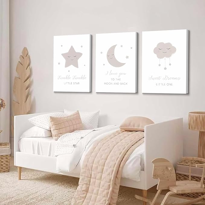Framed Nursery Wall Art Beige Boho Moon Stars Cloud Canvas Wall Decor Neutral Nordic Baby Gentle and Sweet Cartoon Pictures Prints Posters for Boys Girls Bedroom Kids Room Ready To Hang 16x24inx3