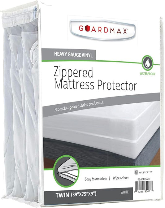 Guardmax Heavy Duty Vinyl Twin Zippered Mattress Encasement - Waterproof & Breathable Mattress Protector - Comfortable, Soft, and Noiseless Zippered Bedding - Dust Mite Proof (39 x 75 x 9)